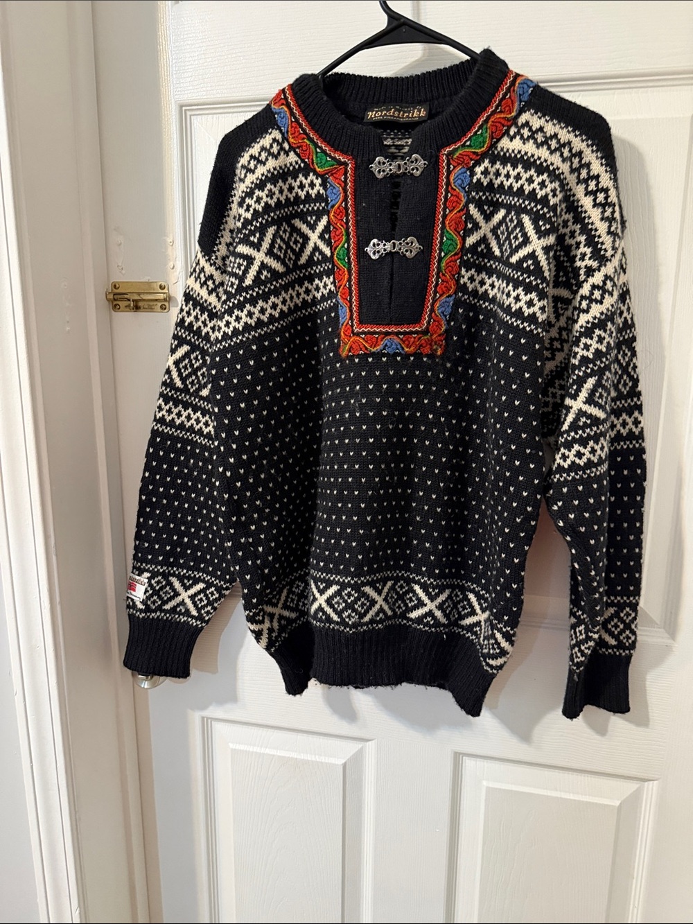 Nordstrikk Vintage Black & White Norwegian Wool Sweater  Embroidered Yoke